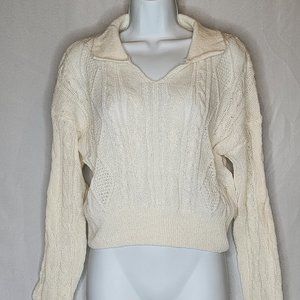 Aster Women's Ivory Collared V Neck Cropped Sweater